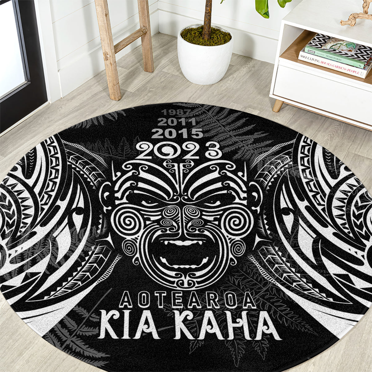 New Zealand Rugby Round Carpet 2023 World Cup Aotearoa Haka Face LT7 Black - Polynesian Pride