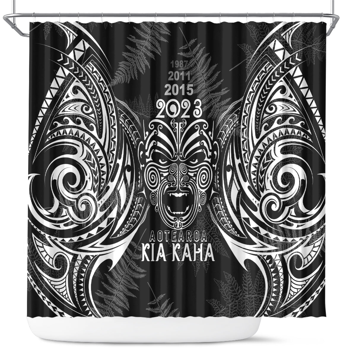 Custom New Zealand Rugby Shower Curtain 2023 World Cup Aotearoa Haka Face LT7 Black - Polynesian Pride