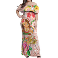 Aloha Hawaii Off Shoulder Maxi Dress Kawaii Mele Kalikimaka - Pastel Fever LT7 Women Peach - Polynesian Pride