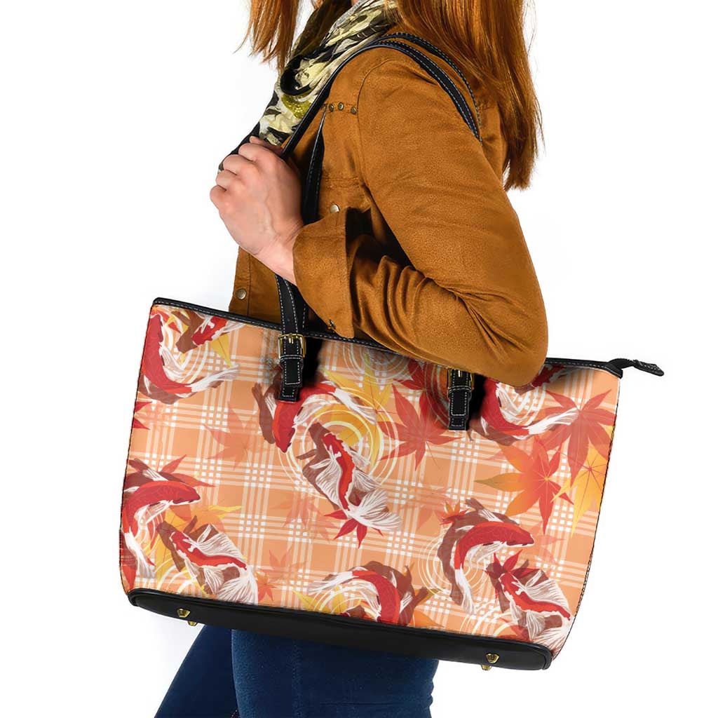 Orange Palaka Hawaii Aloha Leather Tote Bag Koi Pond Mix Japanese Maple LT7 Orange - Polynesian Pride