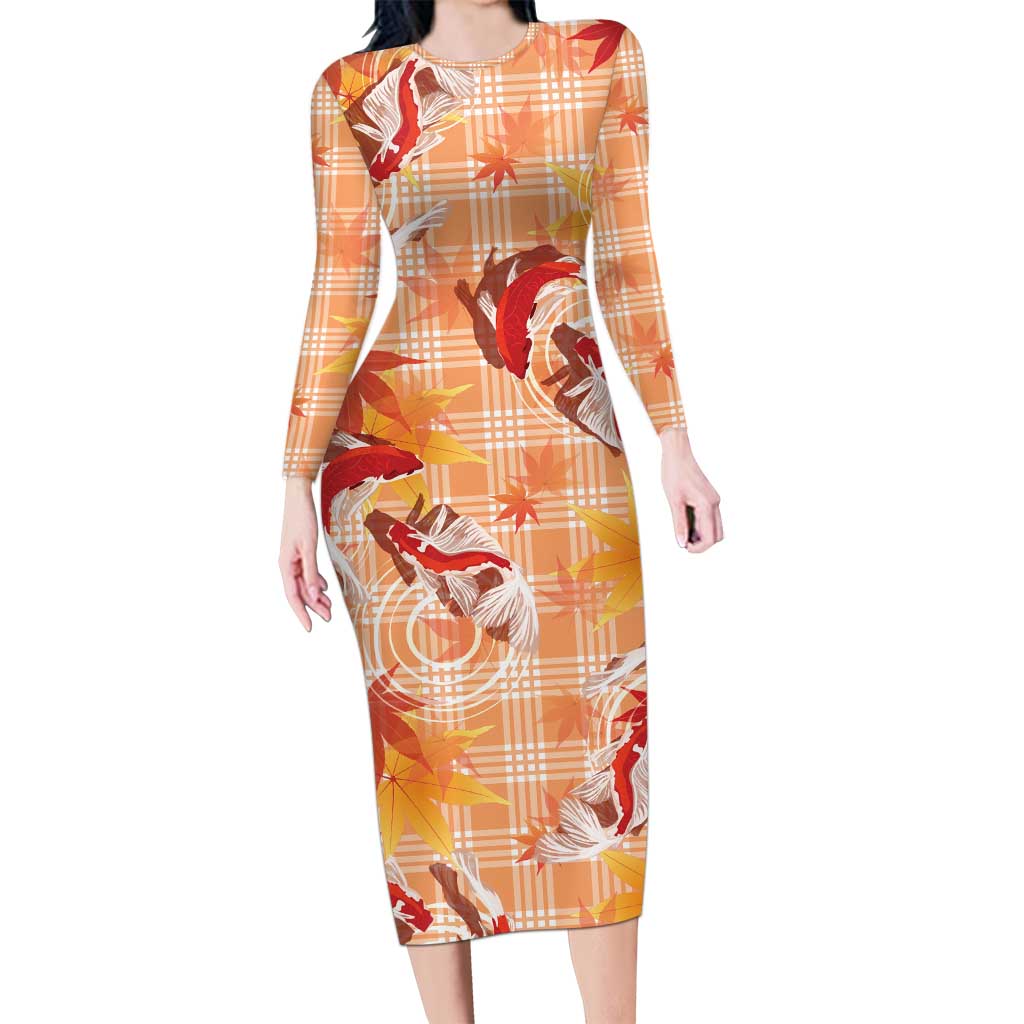 Orange Palaka Hawaii Aloha Long Sleeve Bodycon Dress Koi Pond Mix Japanese Maple LT7 Long Dress Orange - Polynesian Pride