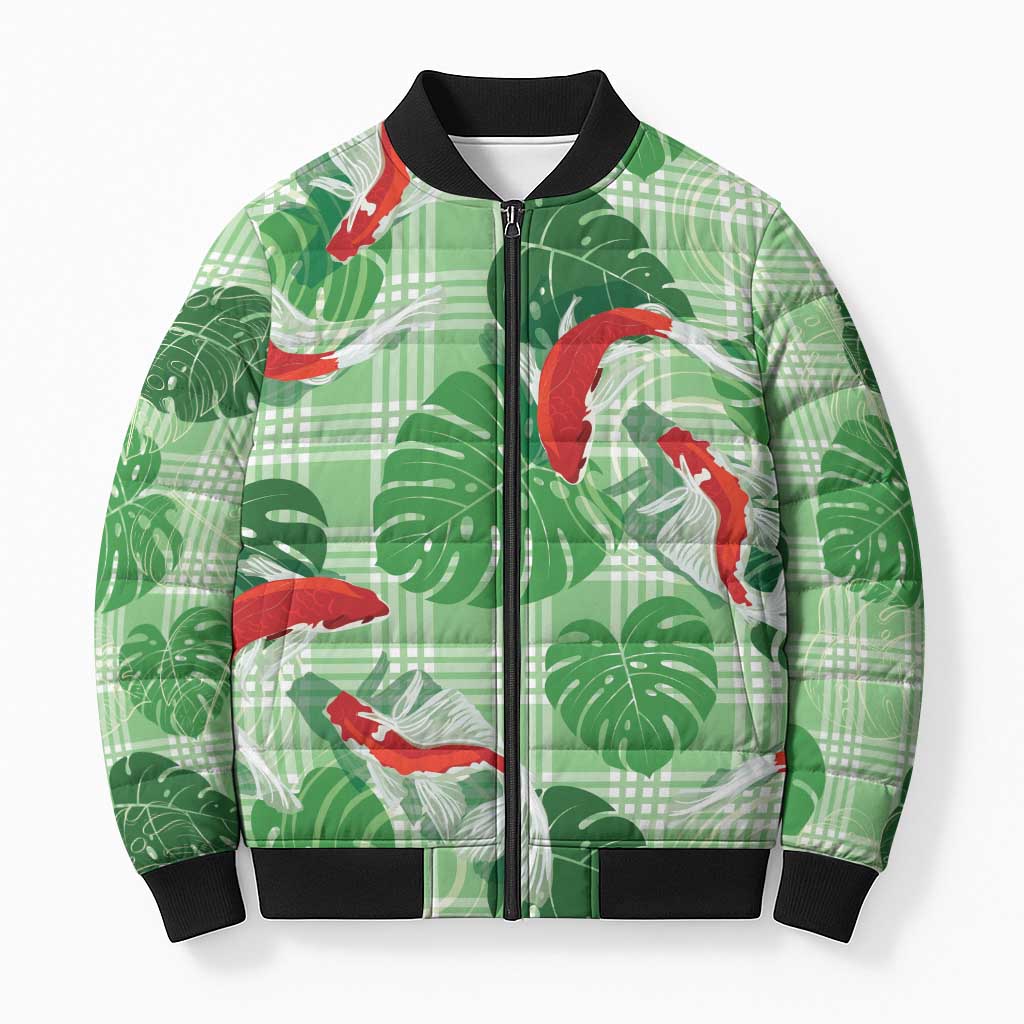 Lime Palaka Hawaii Aloha Bomber Puffer Jacket Koi Pond Mix Monstera LT7 Unisex Lime Green - Polynesian Pride