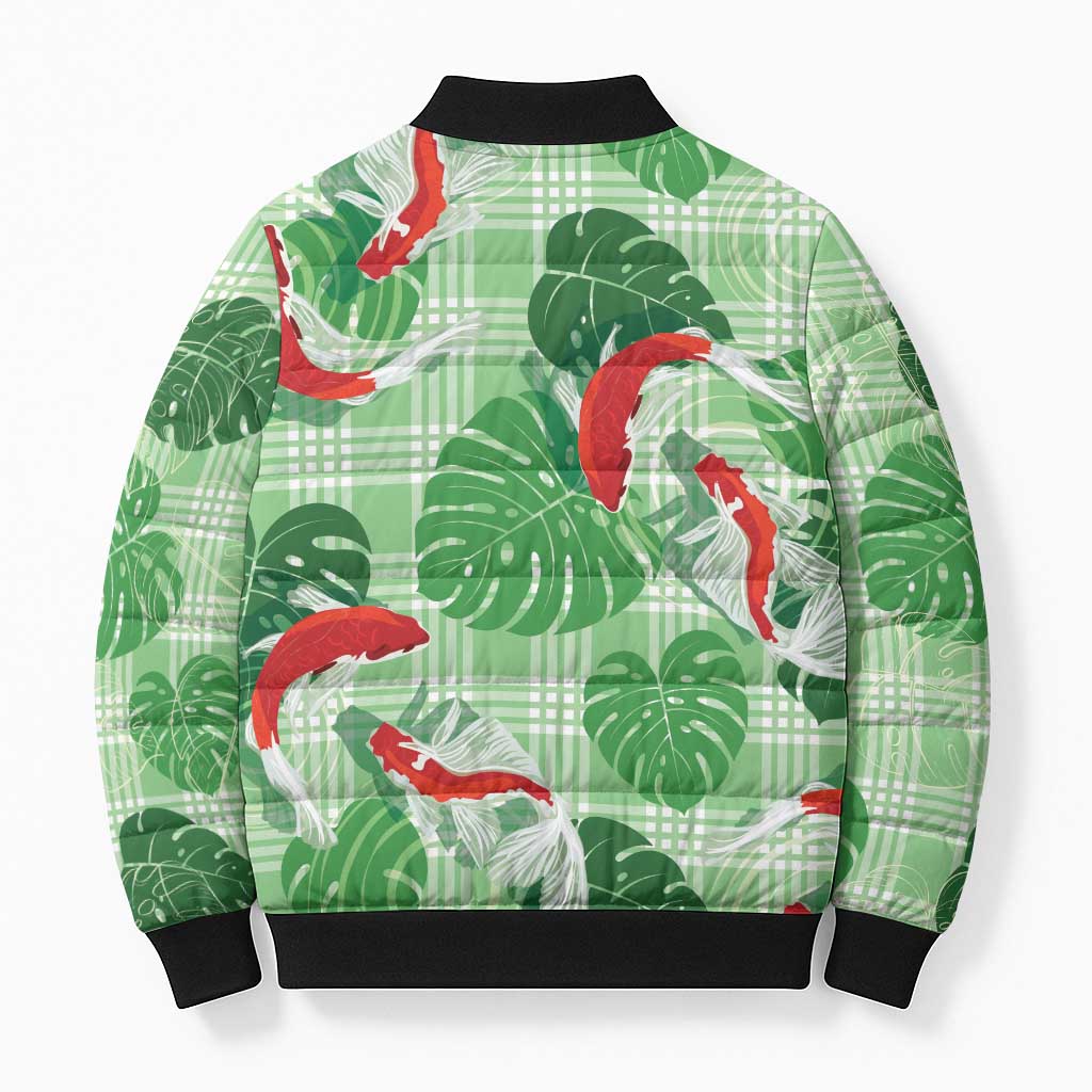 Lime Palaka Hawaii Aloha Bomber Puffer Jacket Koi Pond Mix Monstera LT7 - Polynesian Pride