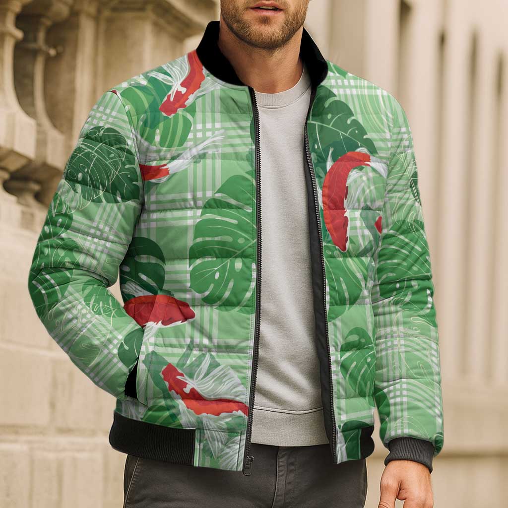 Lime Palaka Hawaii Aloha Bomber Puffer Jacket Koi Pond Mix Monstera LT7 - Polynesian Pride