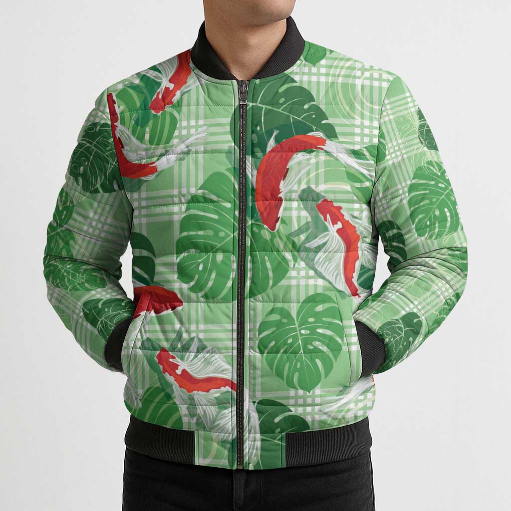 Lime Palaka Hawaii Aloha Bomber Puffer Jacket Koi Pond Mix Monstera LT7 - Polynesian Pride