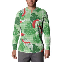 Lime Palaka Hawaii Aloha Button Sweatshirt Koi Pond Mix Monstera LT7 - Polynesian Pride
