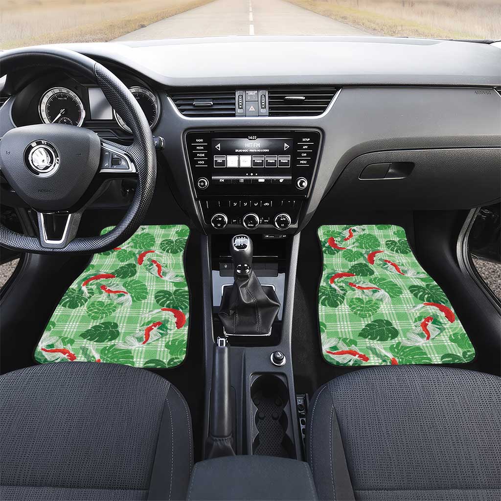 Lime Palaka Hawaii Aloha Car Mats Koi Pond Mix Monstera LT7 Set 2pcs - Front Lime Green - Polynesian Pride