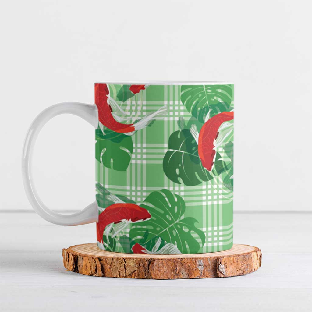 Lime Palaka Hawaii Aloha Ceramic Mug Koi Pond Mix Monstera LT7 Lime Green - Polynesian Pride