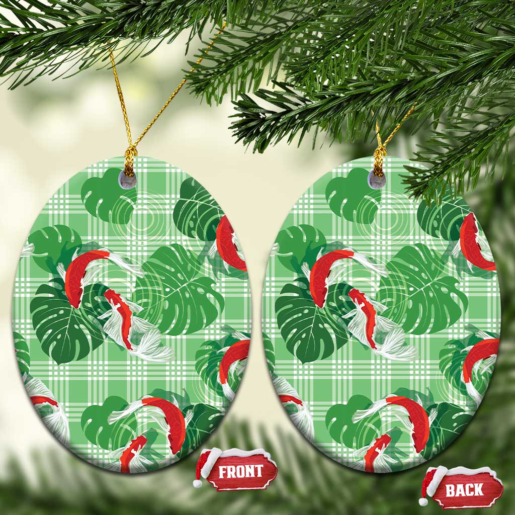 Lime Palaka Hawaii Aloha Ceramic Ornament Koi Pond Mix Monstera LT7 Oval Lime Green - Polynesian Pride
