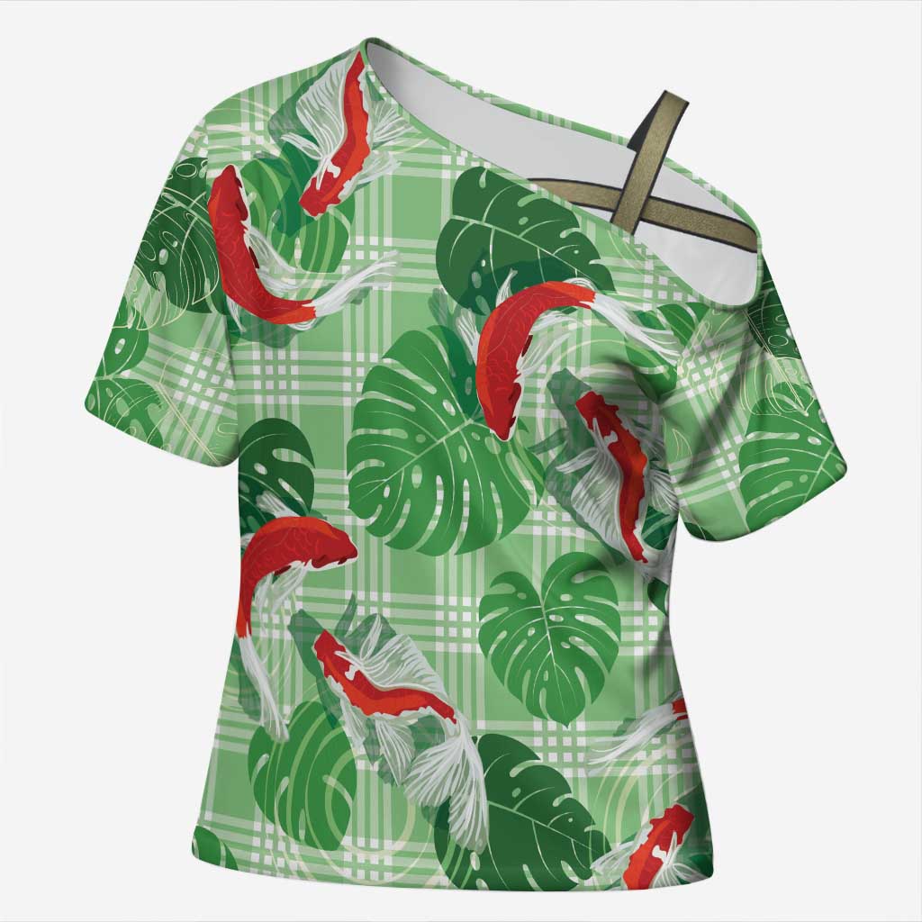 Lime Palaka Hawaii Aloha Cross Shoulder Shirt Koi Pond Mix Monstera LT7 Female Lime Green - Polynesian Pride
