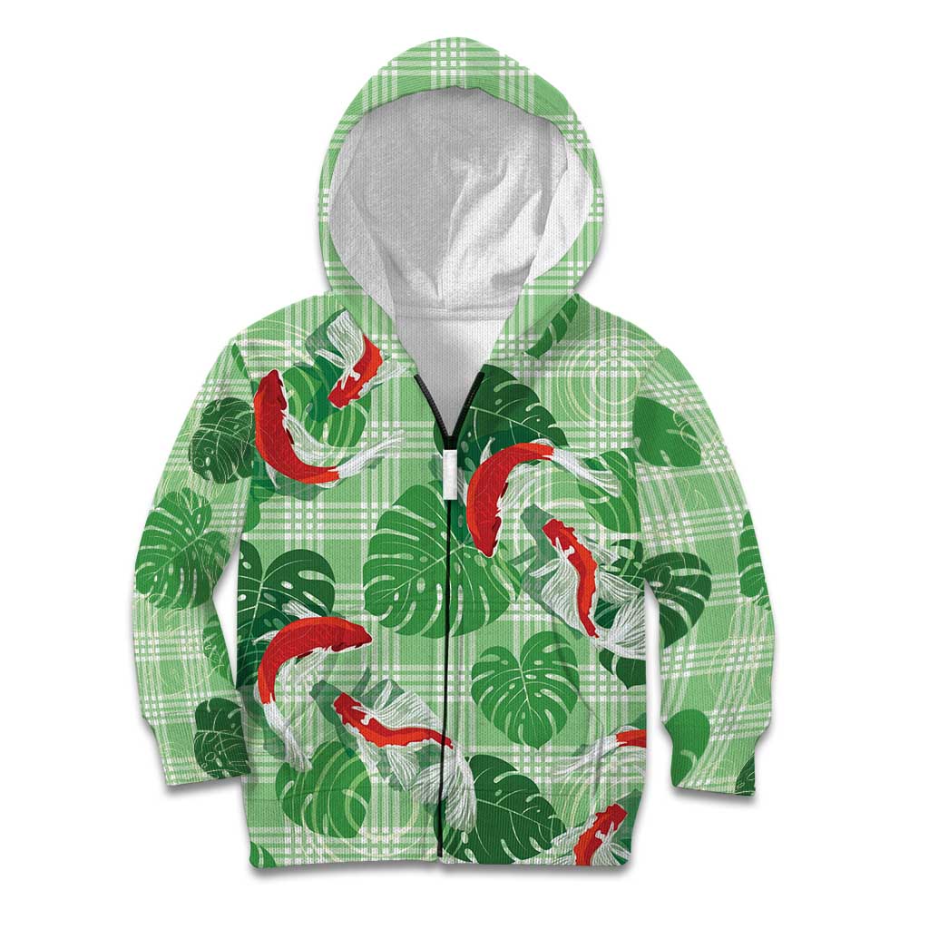 Lime Palaka Hawaii Aloha Kid Hoodie Koi Pond Mix Monstera LT7 Zip Hoodie Lime Green - Polynesian Pride