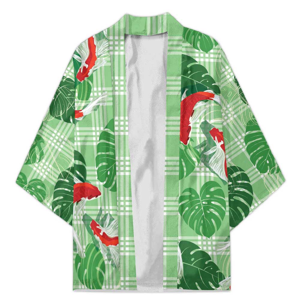 Lime Palaka Hawaii Aloha Kimono Koi Pond Mix Monstera LT7 Unisex Lime Green - Polynesian Pride