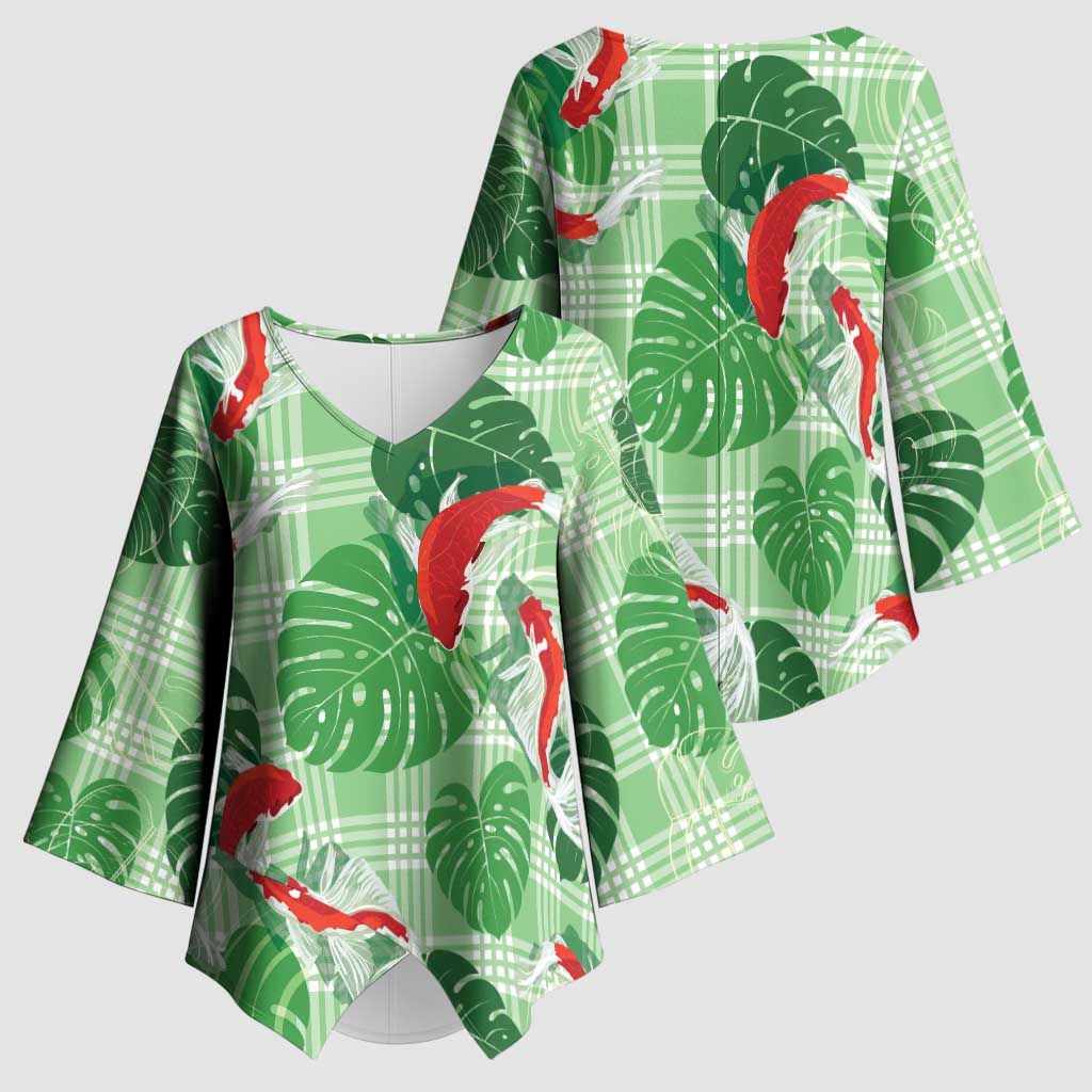 Lime Palaka Hawaii Aloha Kimono Sleeve Blouse Koi Pond Mix Monstera LT7 - Polynesian Pride