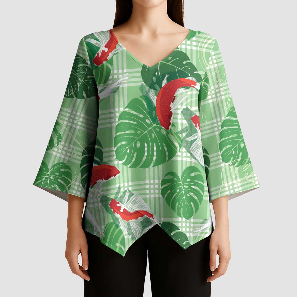 Lime Palaka Hawaii Aloha Kimono Sleeve Blouse Koi Pond Mix Monstera LT7 - Polynesian Pride
