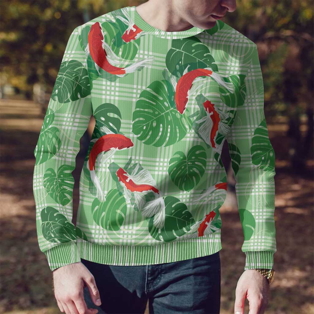 Lime Palaka Hawaii Aloha Ugly Christmas Sweater Koi Pond Mix Monstera LT7 - Polynesian Pride