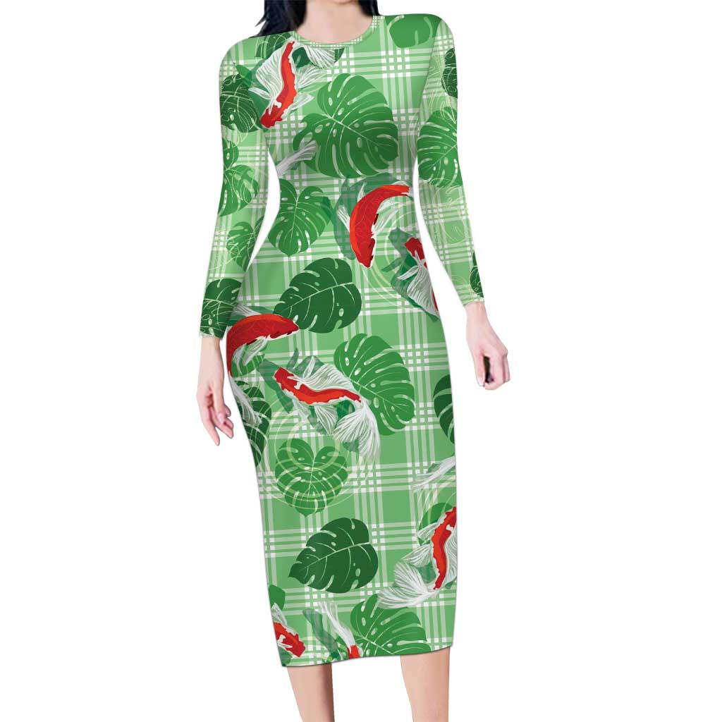 Lime Palaka Hawaii Aloha Long Sleeve Bodycon Dress Koi Pond Mix Monstera LT7 Long Dress Lime Green - Polynesian Pride