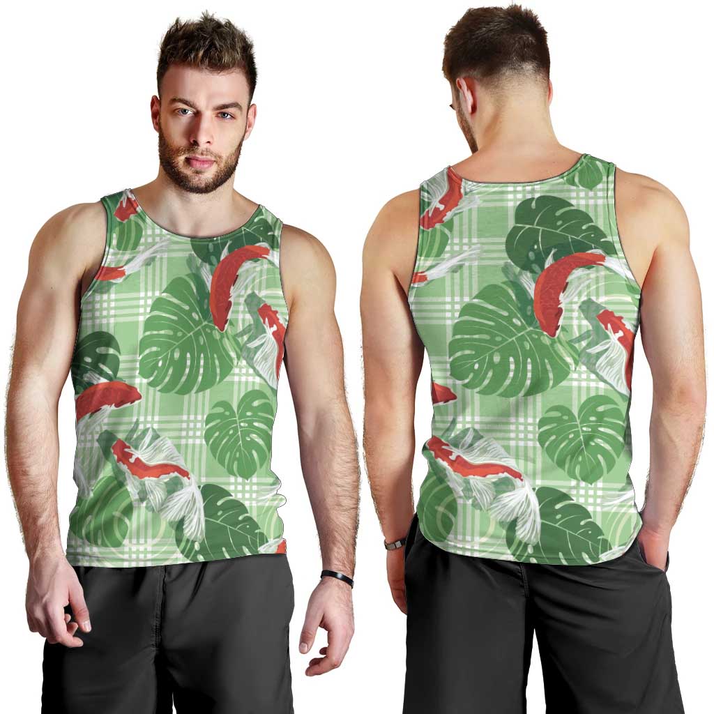 Lime Palaka Hawaii Aloha Men Tank Top Koi Pond Mix Monstera LT7 - Polynesian Pride