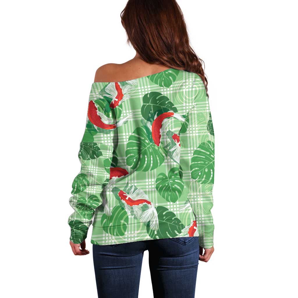 Lime Palaka Hawaii Aloha Off Shoulder Sweater Koi Pond Mix Monstera LT7 - Polynesian Pride