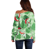 Lime Palaka Hawaii Aloha Off Shoulder Sweater Koi Pond Mix Monstera LT7 - Polynesian Pride