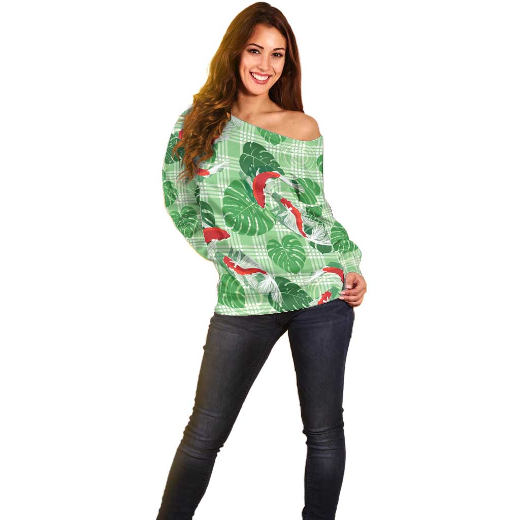 Lime Palaka Hawaii Aloha Off Shoulder Sweater Koi Pond Mix Monstera LT7 - Polynesian Pride