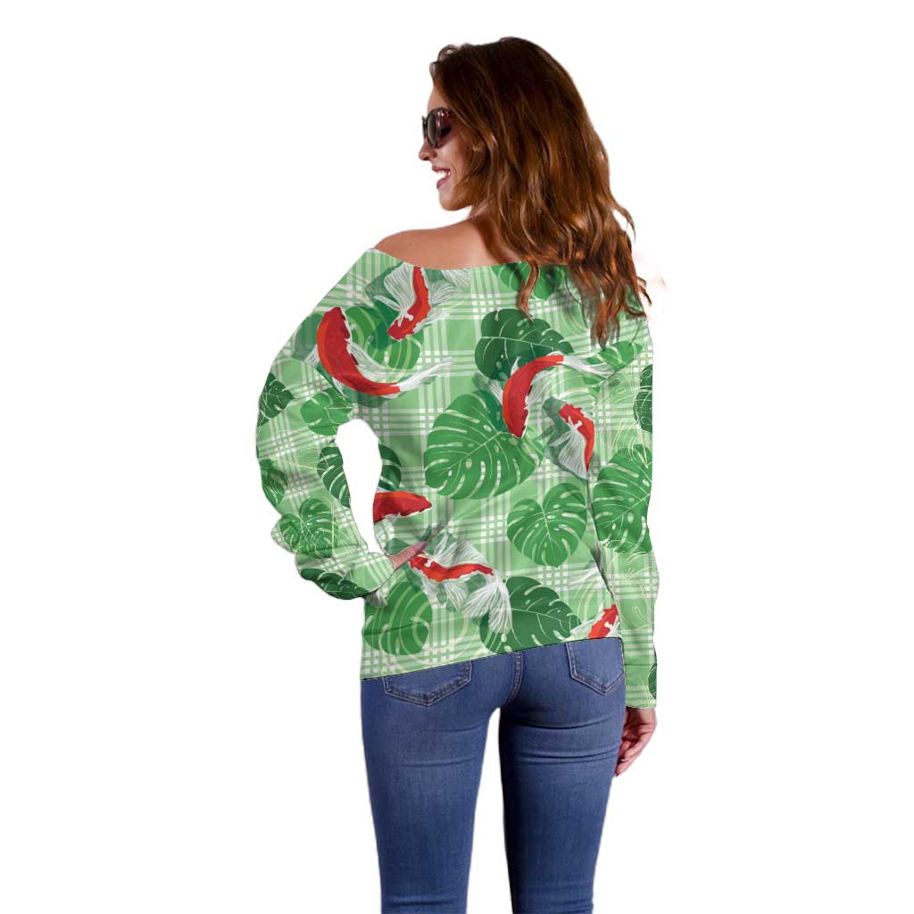 Lime Palaka Hawaii Aloha Off Shoulder Sweater Koi Pond Mix Monstera LT7 - Polynesian Pride