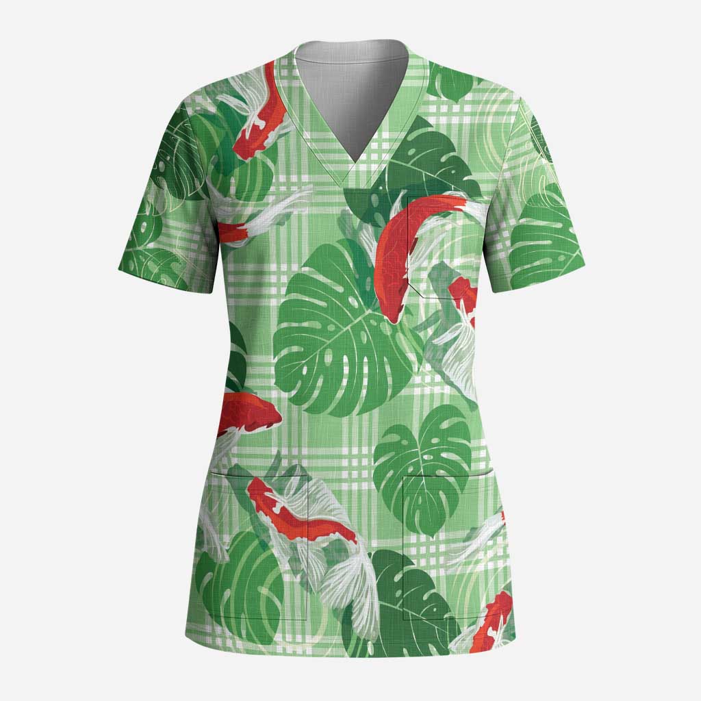 Lime Palaka Hawaii Aloha Scrub Top Koi Pond Mix Monstera LT7 Adult Lime Green - Polynesian Pride