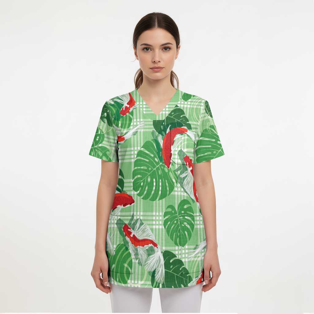 Lime Palaka Hawaii Aloha Scrub Top Koi Pond Mix Monstera LT7 - Polynesian Pride