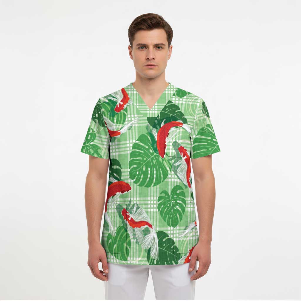 Lime Palaka Hawaii Aloha Scrub Top Koi Pond Mix Monstera LT7 - Polynesian Pride