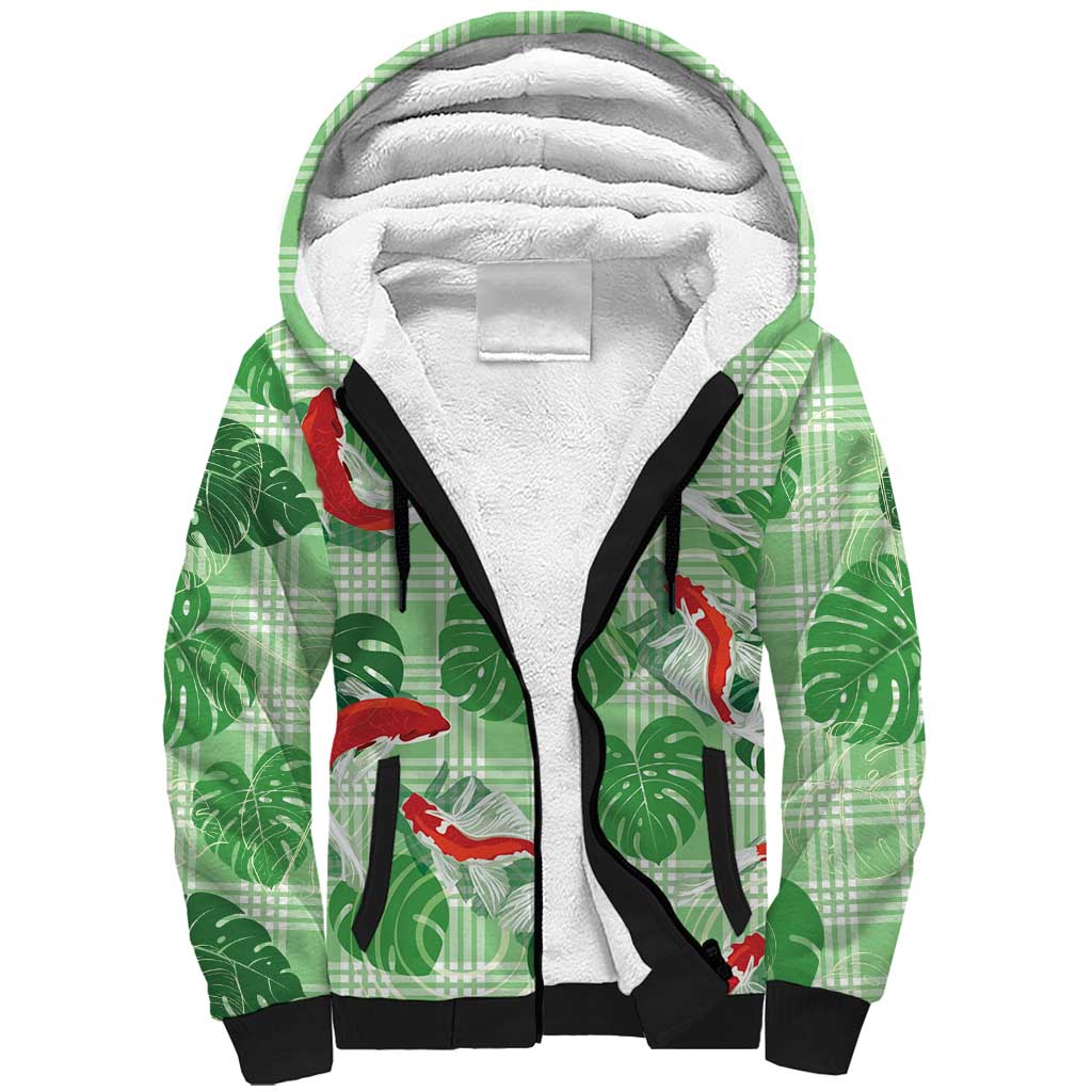 Lime Palaka Hawaii Aloha Sherpa Hoodie Koi Pond Mix Monstera LT7 Unisex Lime Green - Polynesian Pride