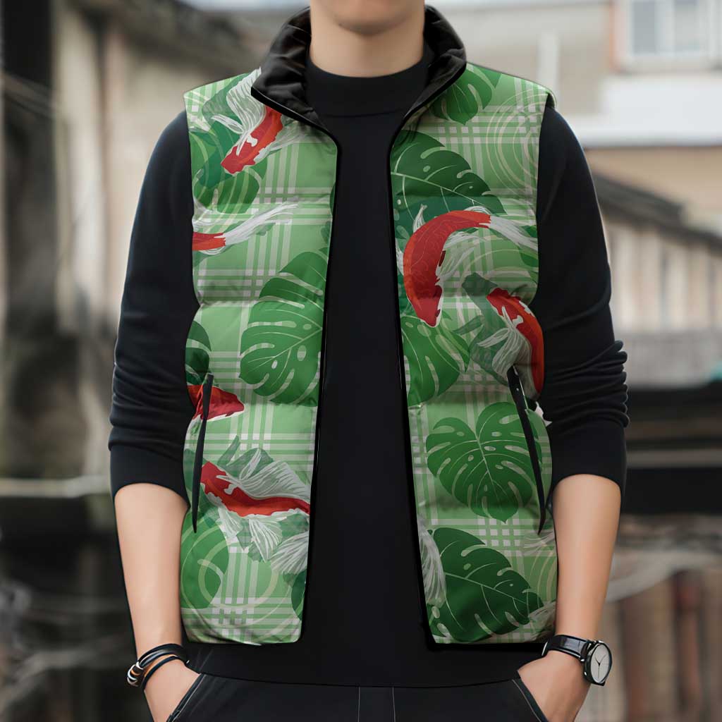 Lime Palaka Hawaii Aloha Sleeveless Puffer Jacket Koi Pond Mix Monstera LT7 - Polynesian Pride