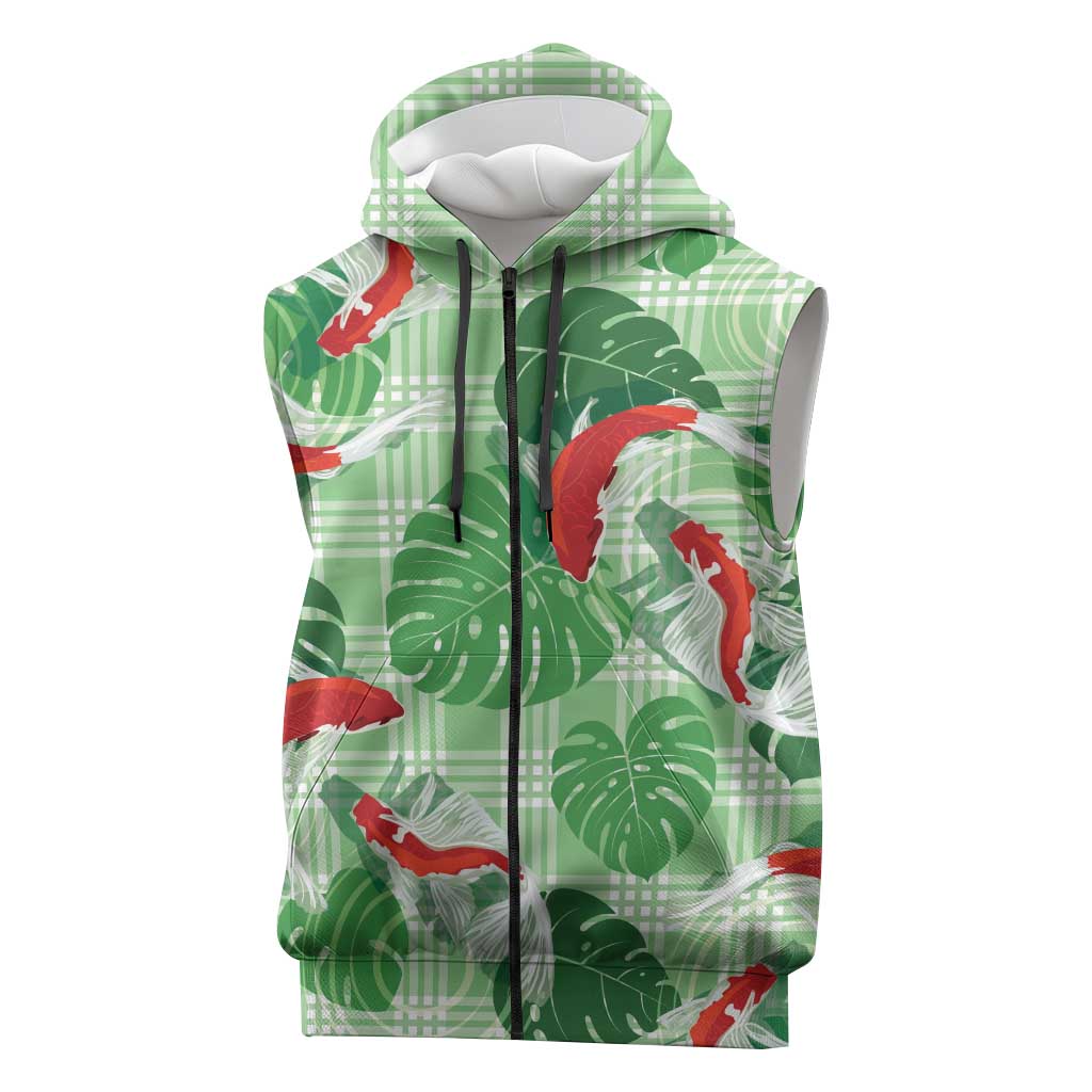 Lime Palaka Hawaii Aloha Sleeveless Zip Hoodie Koi Pond Mix Monstera LT7 Lime Green - Polynesian Pride