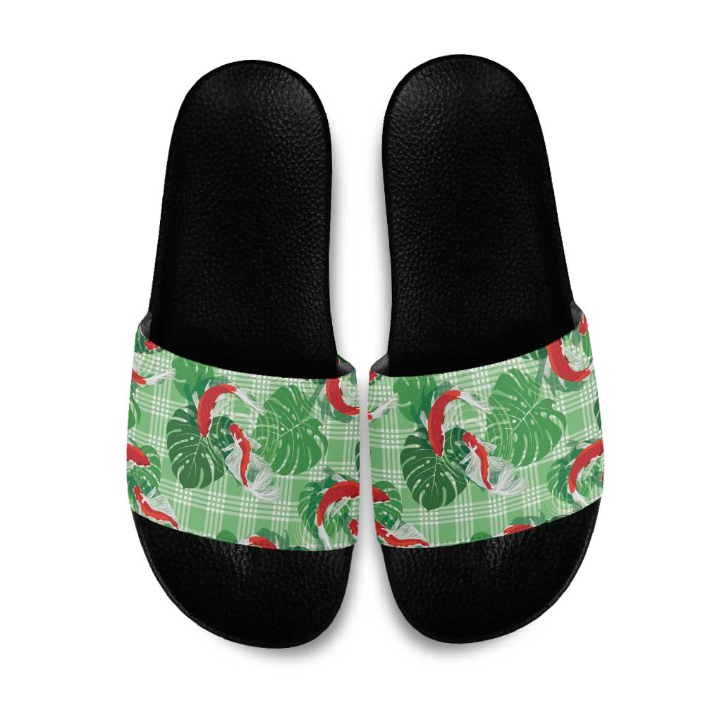 Lime Palaka Hawaii Aloha Slide Sandals Koi Pond Mix Monstera LT7 Lime Green - Polynesian Pride