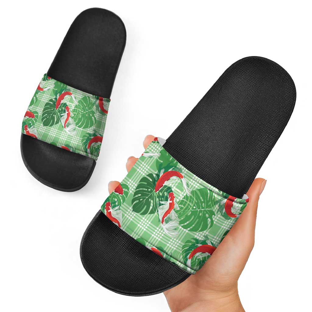 Lime Palaka Hawaii Aloha Slide Sandals Koi Pond Mix Monstera LT7 - Polynesian Pride