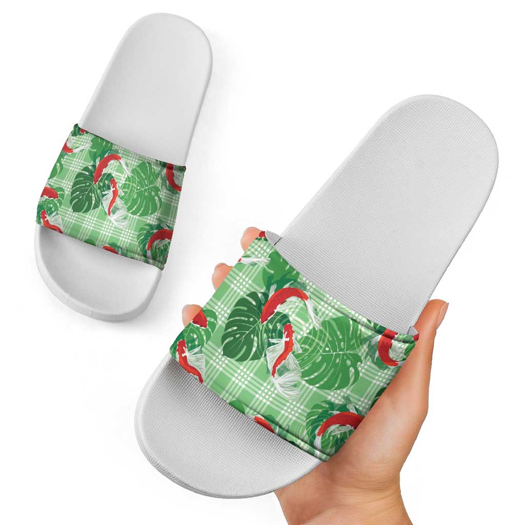 Lime Palaka Hawaii Aloha Slide Sandals Koi Pond Mix Monstera LT7 - Polynesian Pride