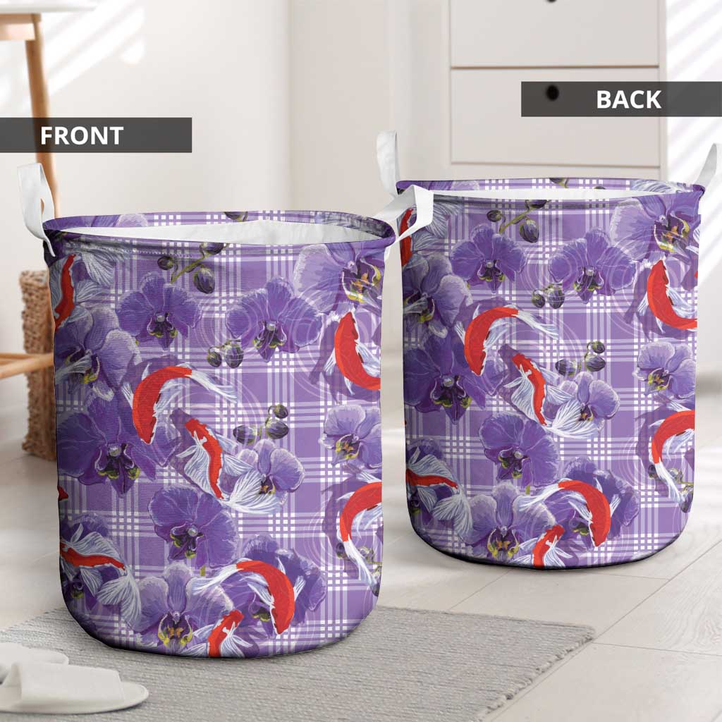 Lavender Palaka Hawaii Aloha Laundry Basket Koi Pond Mix Orchids LT7 - Polynesian Pride