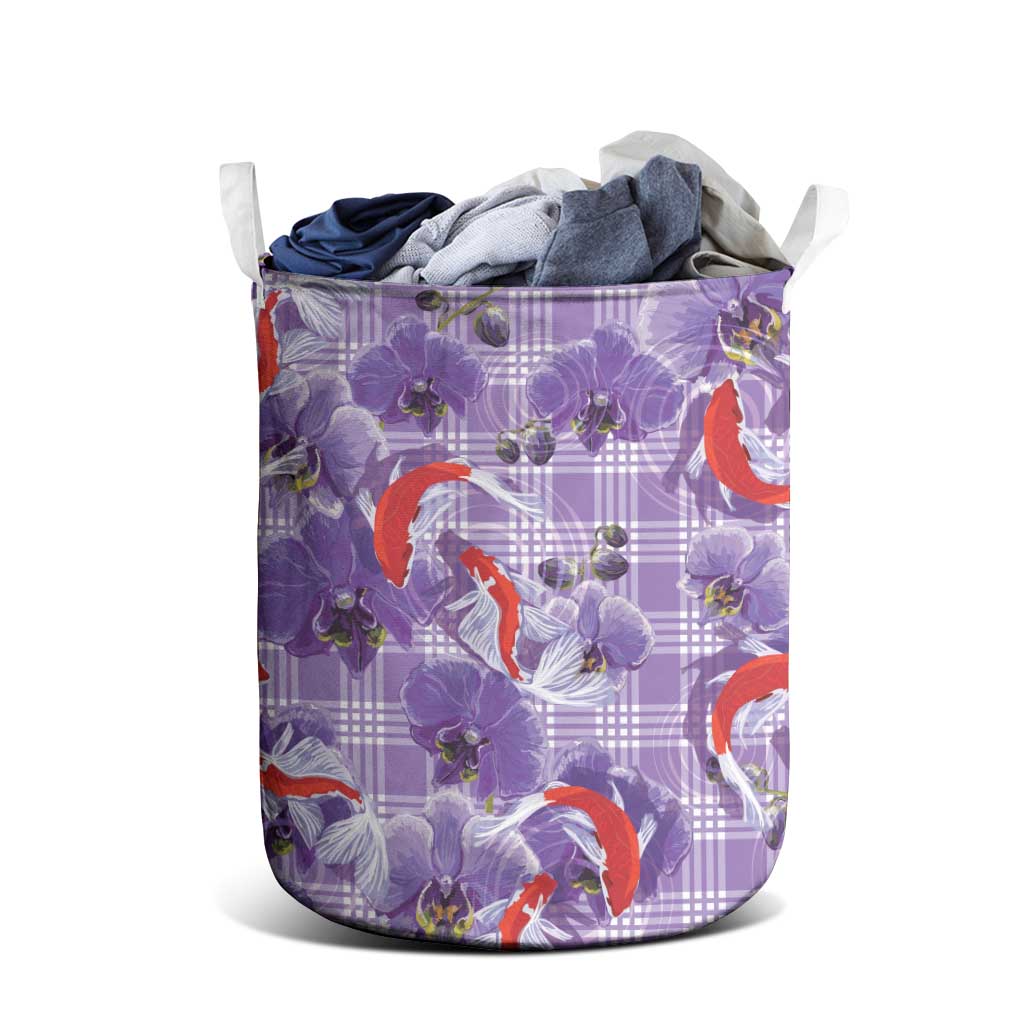 Lavender Palaka Hawaii Aloha Laundry Basket Koi Pond Mix Orchids LT7 - Polynesian Pride