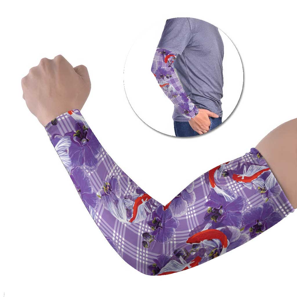 Lavender Palaka Hawaii Aloha Arm Sleeves Koi Pond Mix Orchids LT7 Set of 2 Purple - Polynesian Pride