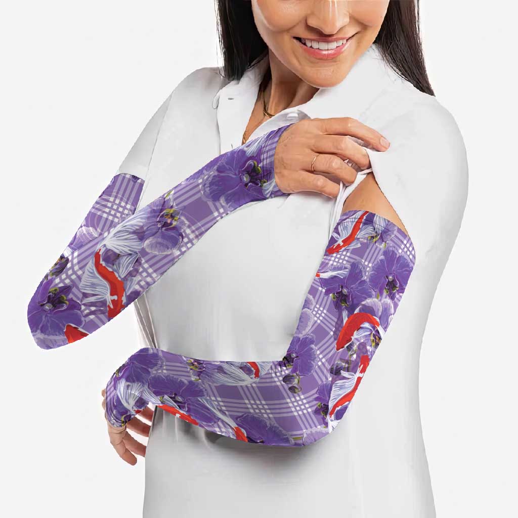 Lavender Palaka Hawaii Aloha Arm Sleeves Koi Pond Mix Orchids LT7 - Polynesian Pride
