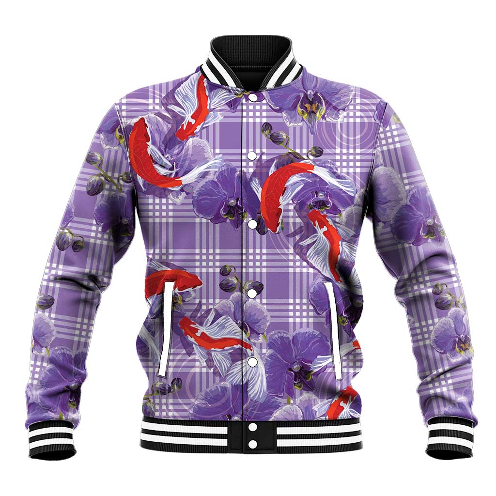 Lavender Palaka Hawaii Aloha Baseball Jacket Koi Pond Mix Orchids LT7 Unisex Purple - Polynesian Pride