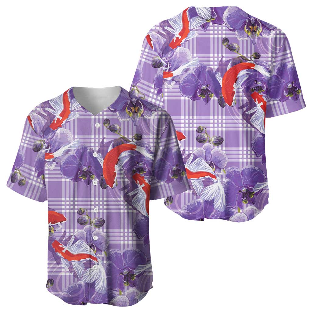 Lavender Palaka Hawaii Aloha Baseball Jersey Koi Pond Mix Orchids LT7 - Polynesian Pride