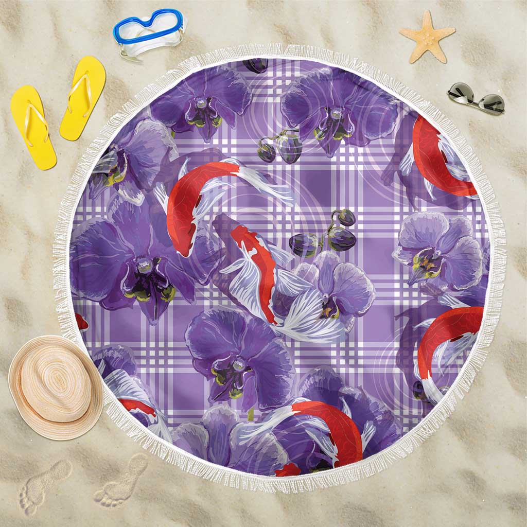 Lavender Palaka Hawaii Aloha Beach Blanket Koi Pond Mix Orchids LT7 One Size 150cm Purple - Polynesian Pride