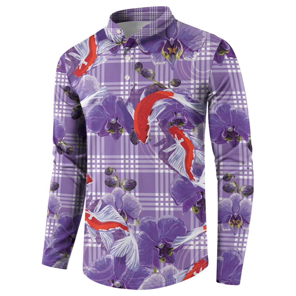 Lavender Palaka Hawaii Aloha Button Sweatshirt Koi Pond Mix Orchids LT7 - Polynesian Pride