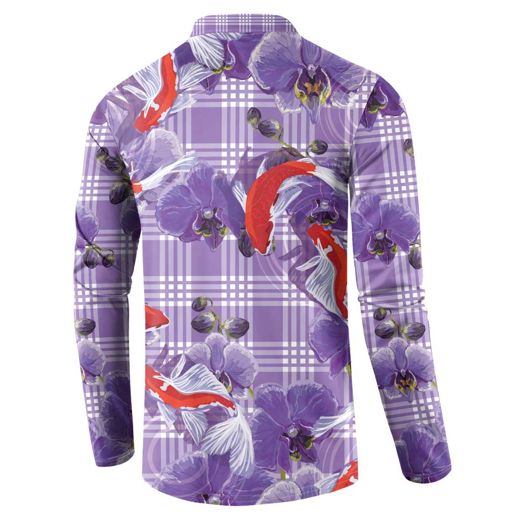Lavender Palaka Hawaii Aloha Button Sweatshirt Koi Pond Mix Orchids LT7 - Polynesian Pride