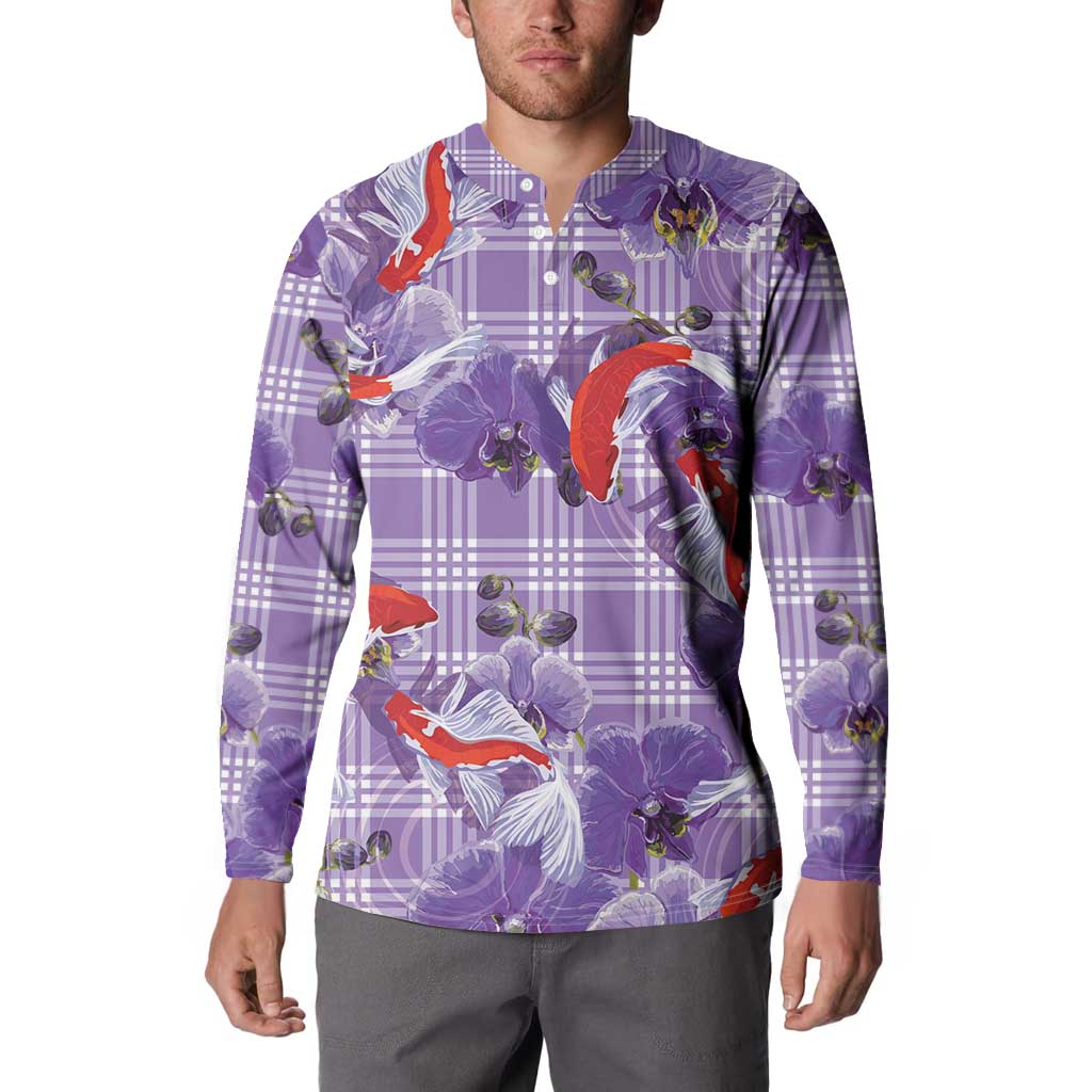 Lavender Palaka Hawaii Aloha Button Sweatshirt Koi Pond Mix Orchids LT7 - Polynesian Pride