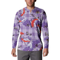 Lavender Palaka Hawaii Aloha Button Sweatshirt Koi Pond Mix Orchids LT7 - Polynesian Pride