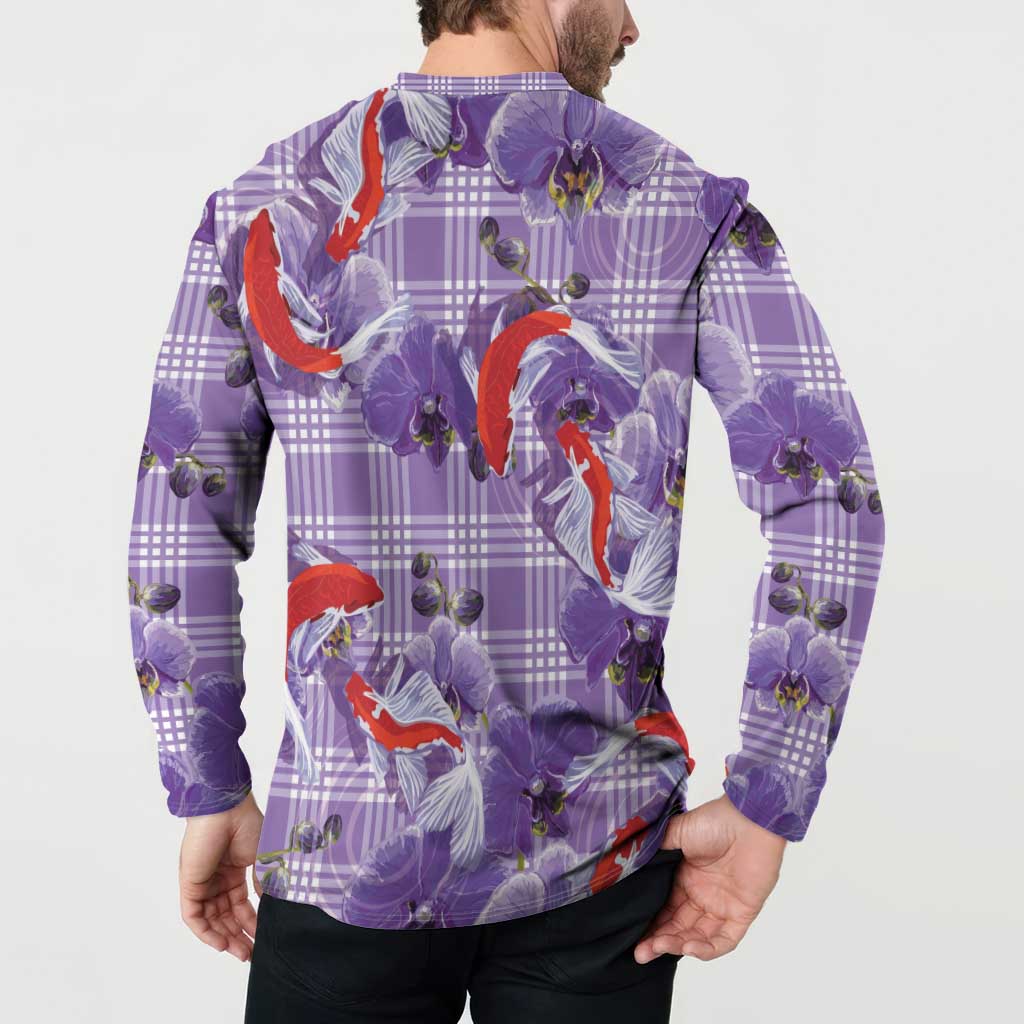 Lavender Palaka Hawaii Aloha Button Sweatshirt Koi Pond Mix Orchids LT7 - Polynesian Pride
