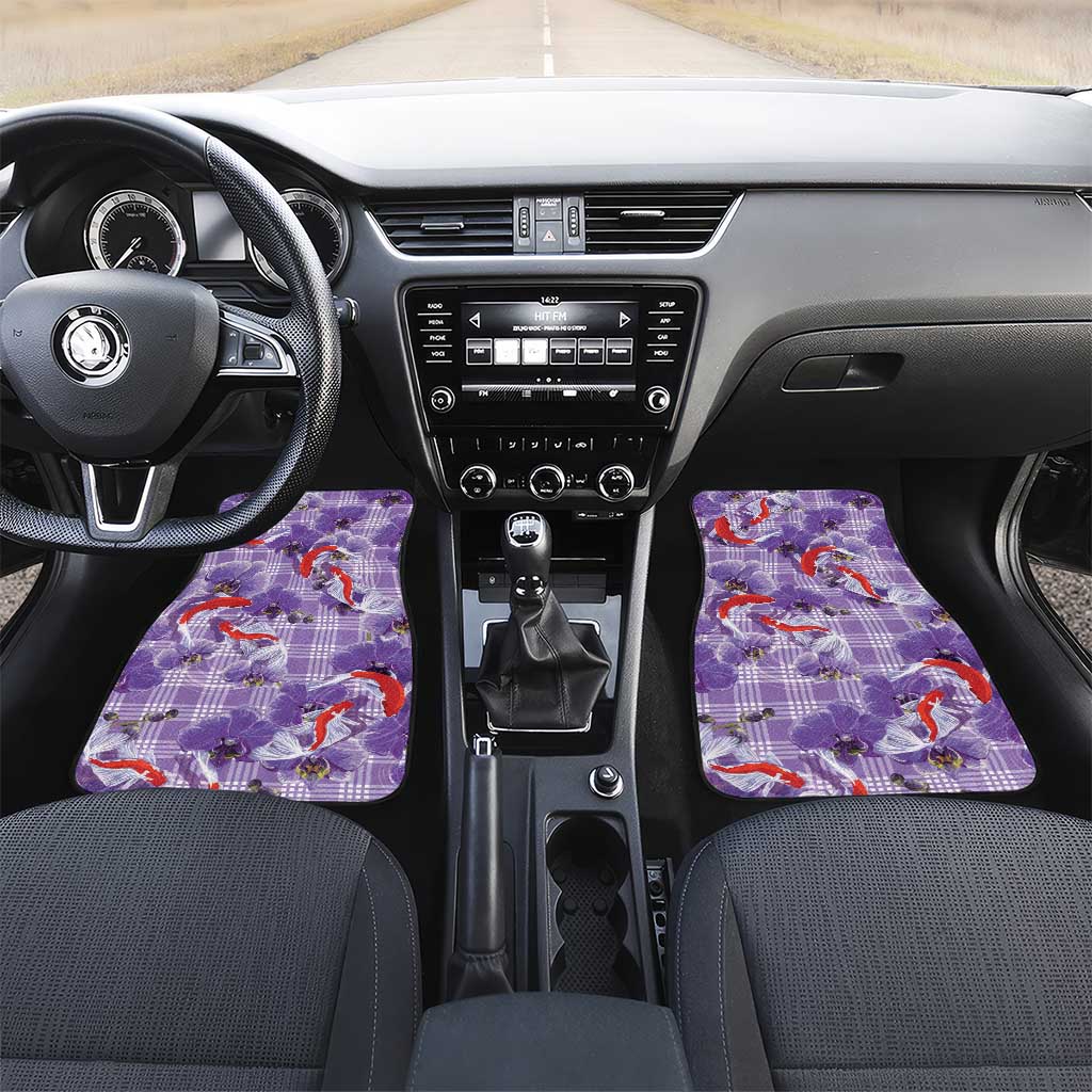 Lavender Palaka Hawaii Aloha Car Mats Koi Pond Mix Orchids LT7 Set 2pcs - Front Purple - Polynesian Pride