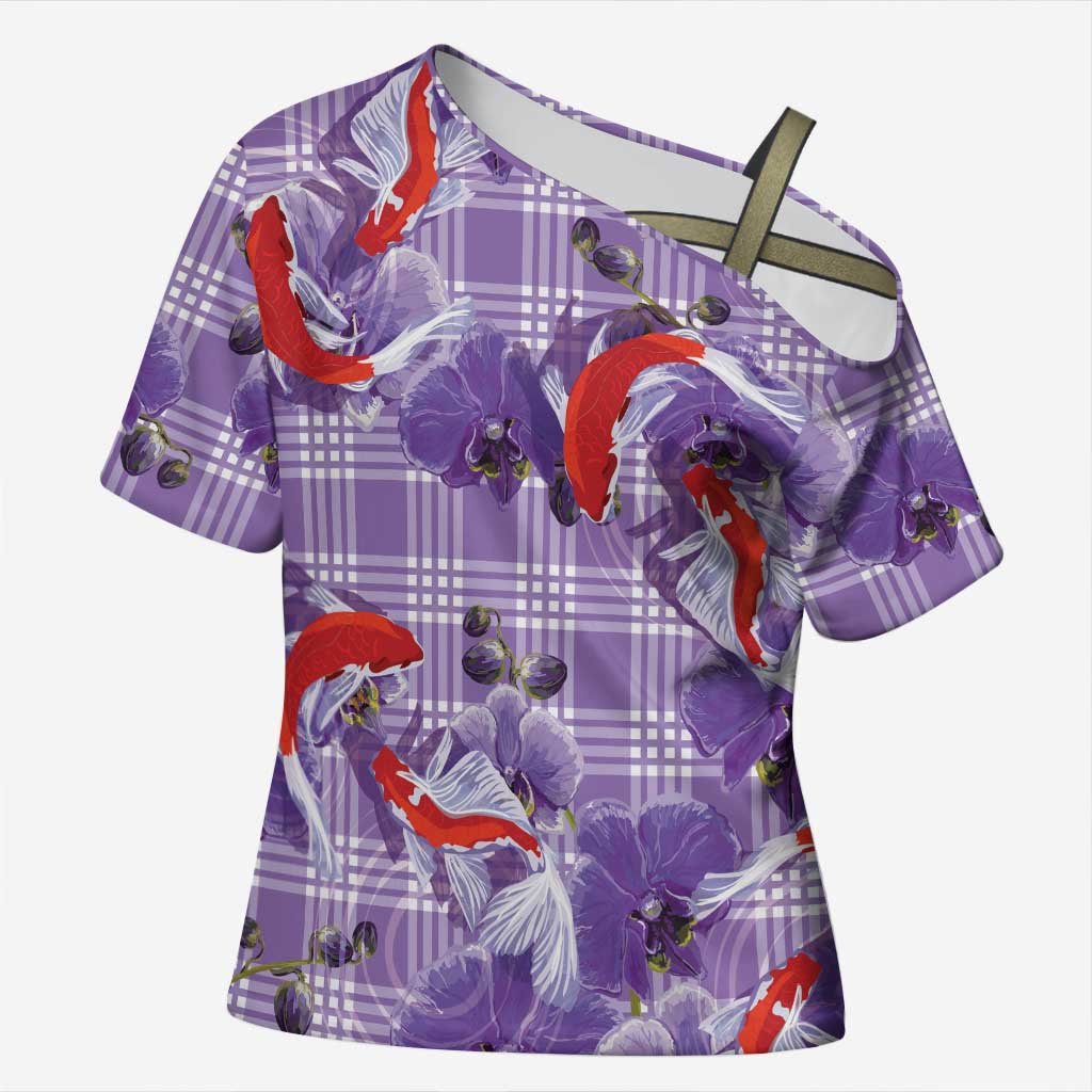 Lavender Palaka Hawaii Aloha Cross Shoulder Shirt Koi Pond Mix Orchids LT7 Female Purple - Polynesian Pride