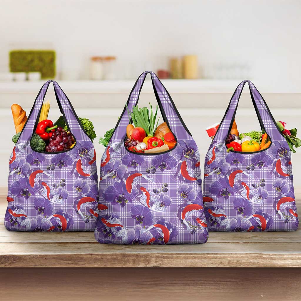 Lavender Palaka Hawaii Aloha Grocery Bag Koi Pond Mix Orchids LT7 3-pack One Size Purple - Polynesian Pride