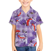 Lavender Palaka Hawaii Aloha Kid Hawaiian Shirt Koi Pond Mix Orchids LT7 Kid Purple - Polynesian Pride
